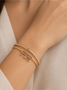 Gold-Tone Charm Bangle Bracelet 2–Pc Set with Crystal/Pearl Charms